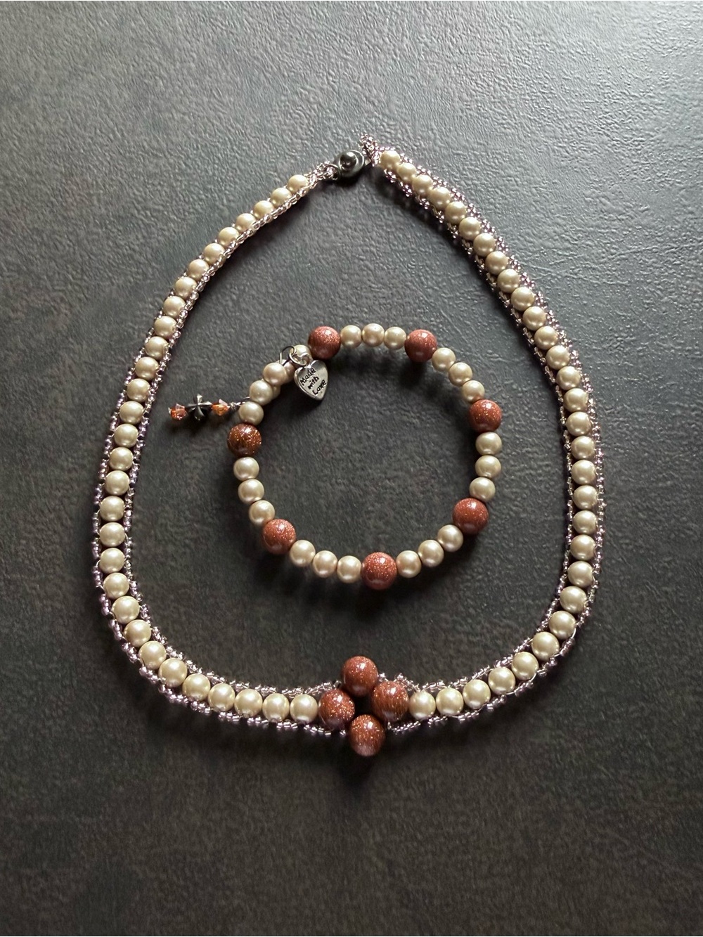 Pearl and Goldstone Beaded Necklace and Bracelet Set